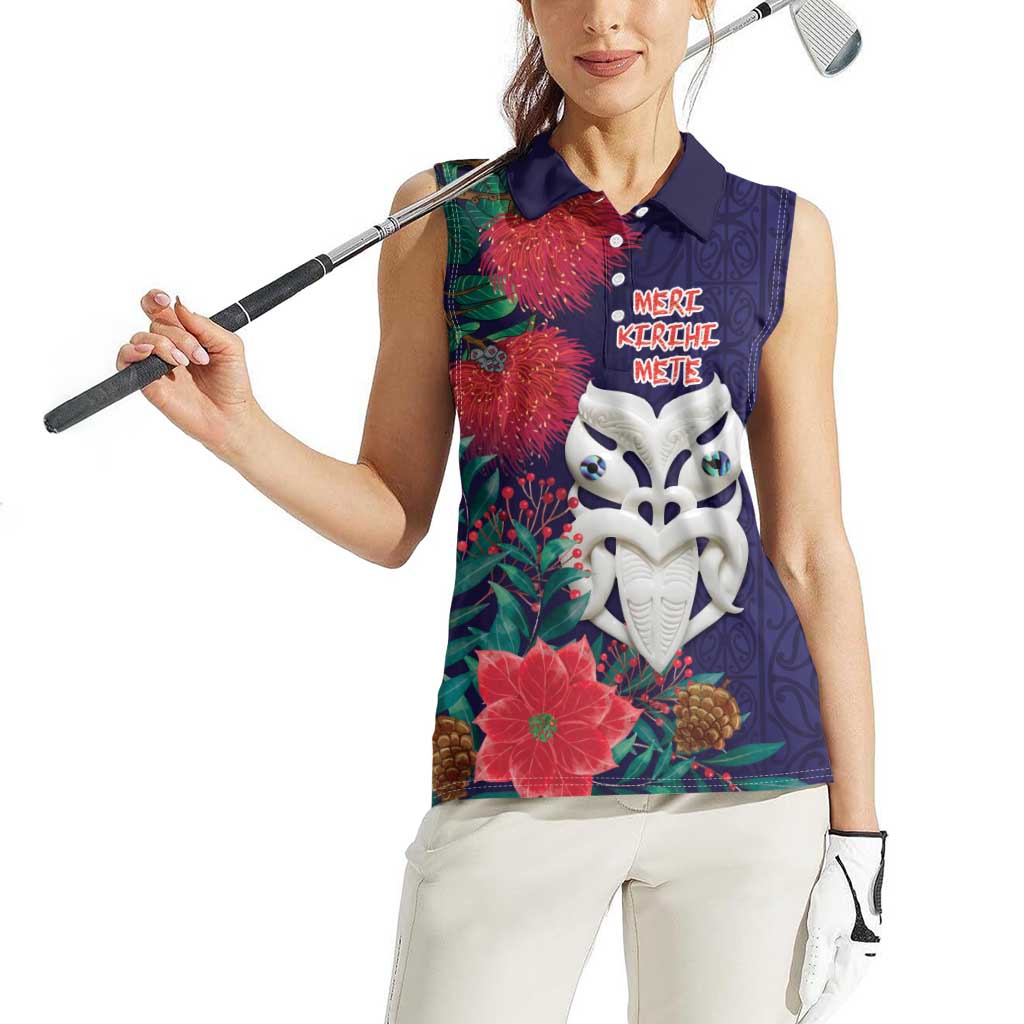 Maori Wheku Meri Kirihimete Personalised Women Sleeveless Polo Shirt All Blue Indigenous Maori Motif - Polynesian Pride