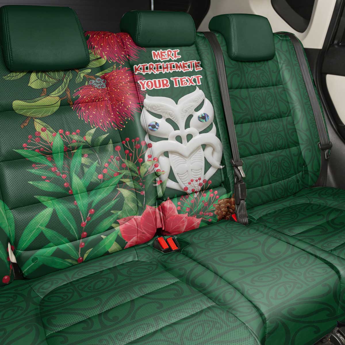 Maori Wheku Meri Kirihimete Personalised Back Car Seat Cover All Green Indigenous Maori Motif - Polynesian Pride