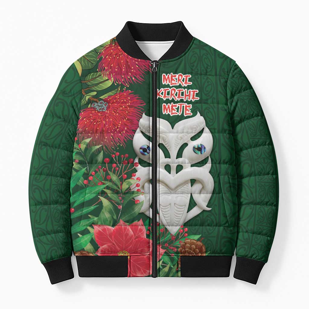 Maori Wheku Meri Kirihimete Personalised Bomber Puffer Jacket All Green Indigenous Maori Motif LT9 Unisex Green - Polynesian Pride