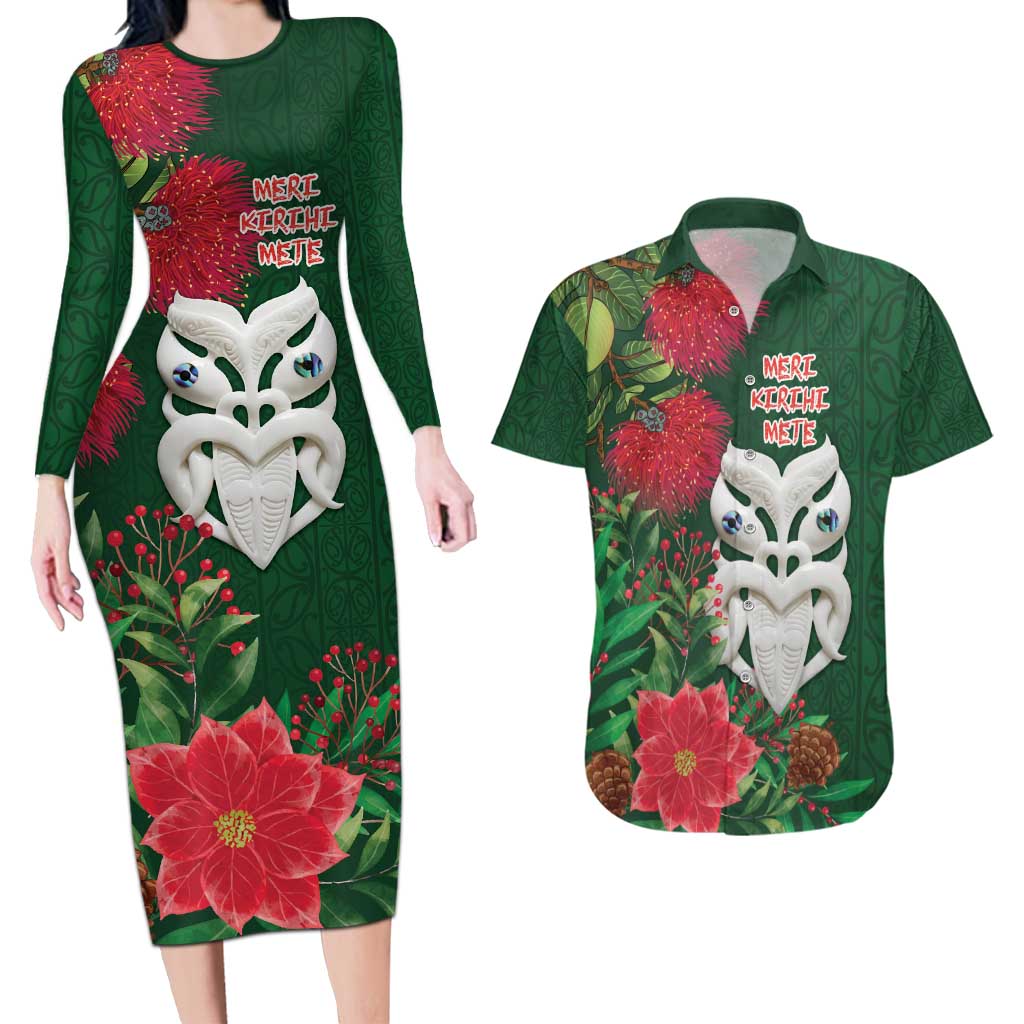 Maori Wheku Meri Kirihimete Personalised Couples Matching Long Sleeve Bodycon Dress and Hawaiian Shirt All Green Indigenous Maori Motif LT9 Green - Polynesian Pride