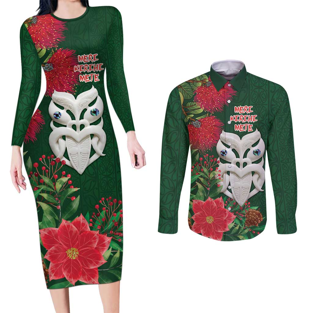 Maori Wheku Meri Kirihimete Personalised Couples Matching Long Sleeve Bodycon Dress and Long Sleeve Button Shirt All Green Indigenous Maori Motif - Polynesian Pride