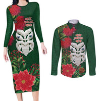 Maori Wheku Meri Kirihimete Personalised Couples Matching Long Sleeve Bodycon Dress and Long Sleeve Button Shirt All Green Indigenous Maori Motif - Polynesian Pride