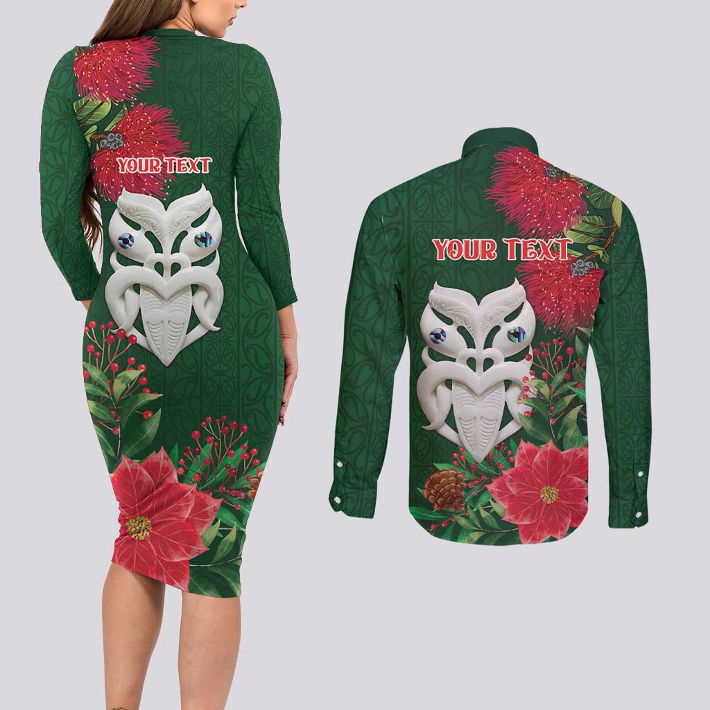 Maori Wheku Meri Kirihimete Personalised Couples Matching Long Sleeve Bodycon Dress and Long Sleeve Button Shirt All Green Indigenous Maori Motif - Polynesian Pride