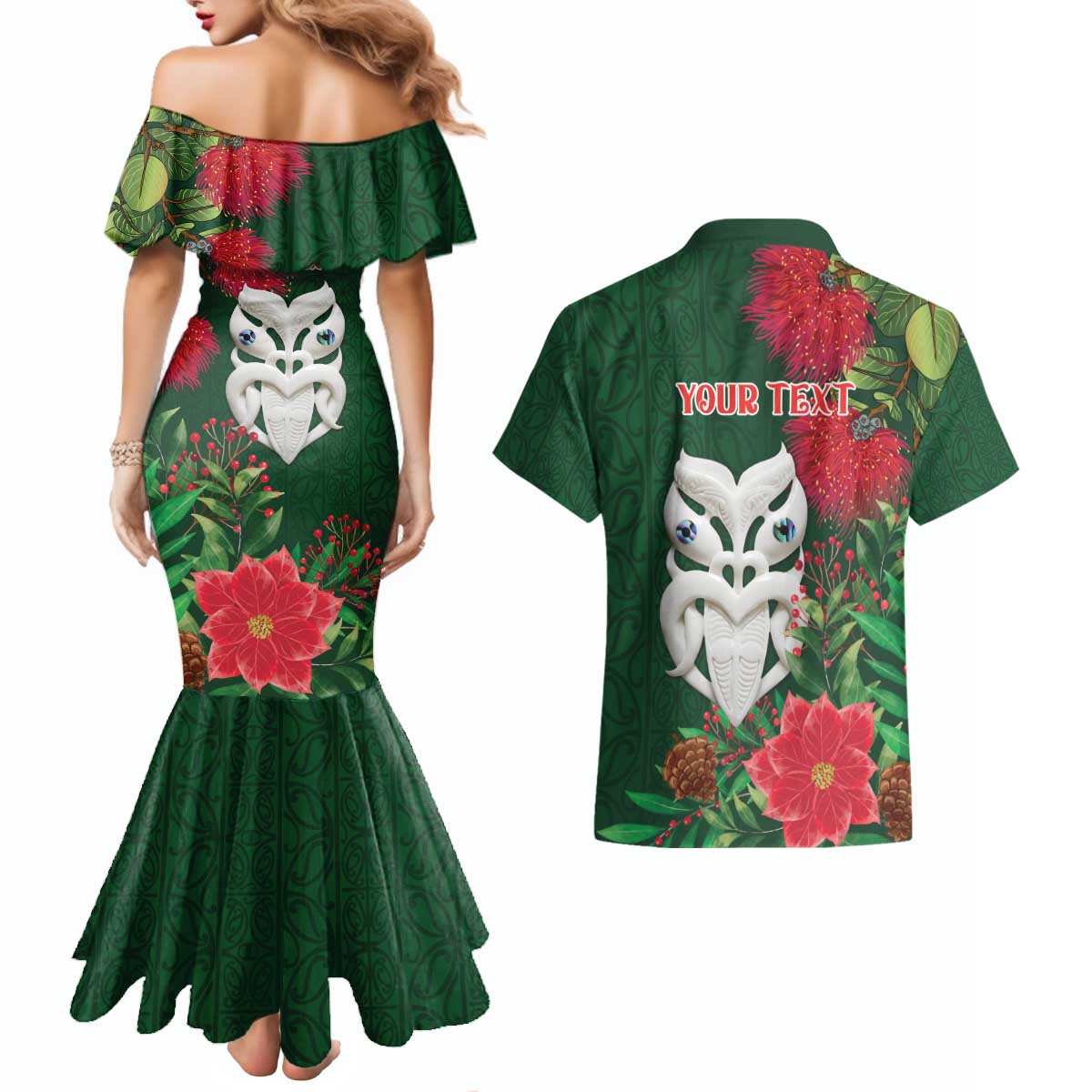 Maori Wheku Meri Kirihimete Personalised Couples Matching Mermaid Dress and Hawaiian Shirt All Green Indigenous Maori Motif LT9 - Polynesian Pride