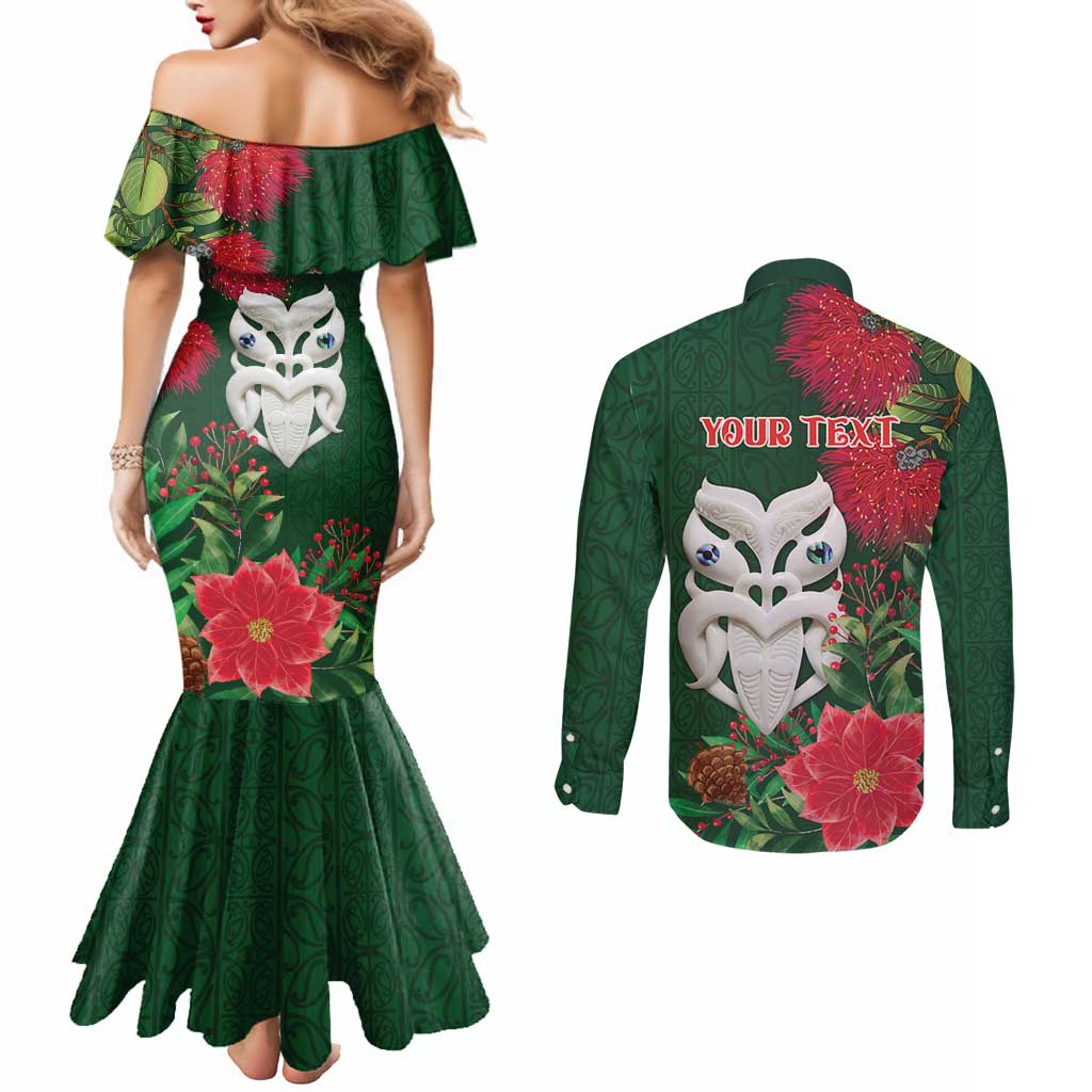 Maori Wheku Meri Kirihimete Personalised Couples Matching Mermaid Dress and Long Sleeve Button Shirt All Green Indigenous Maori Motif LT9 - Polynesian Pride