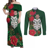 Maori Wheku Meri Kirihimete Personalised Couples Matching Off Shoulder Maxi Dress and Long Sleeve Button Shirt All Green Indigenous Maori Motif LT9 Green - Polynesian Pride