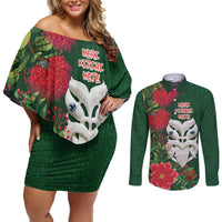 Maori Wheku Meri Kirihimete Personalised Couples Matching Off Shoulder Short Dress and Long Sleeve Button Shirt All Green Indigenous Maori Motif LT9 Green - Polynesian Pride