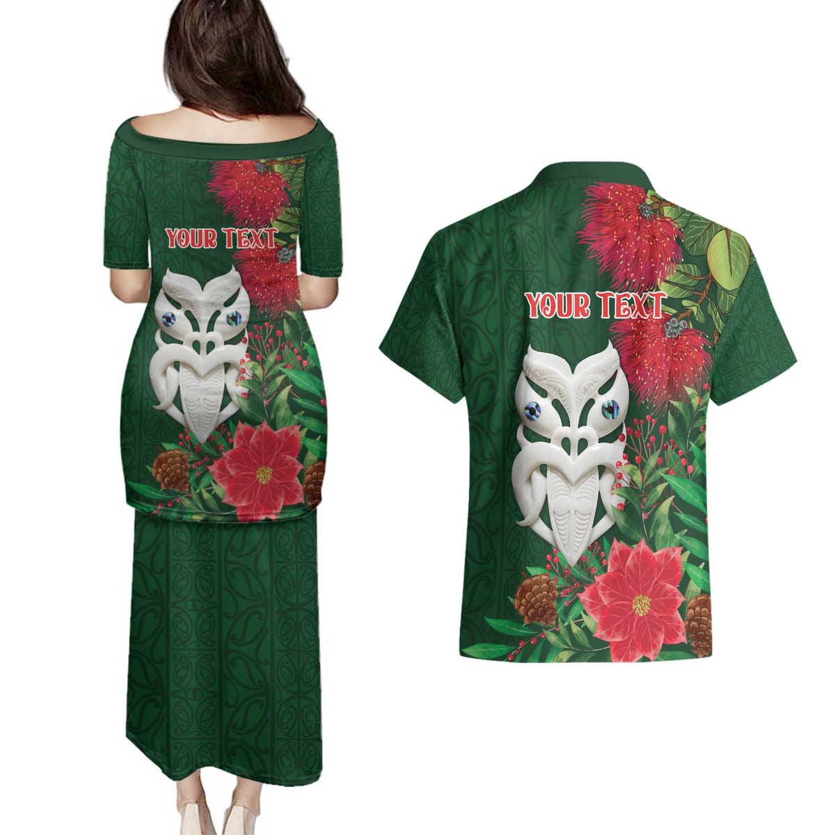 Maori Wheku Meri Kirihimete Personalised Couples Matching Puletasi and Hawaiian Shirt All Green Indigenous Maori Motif LT9 - Polynesian Pride
