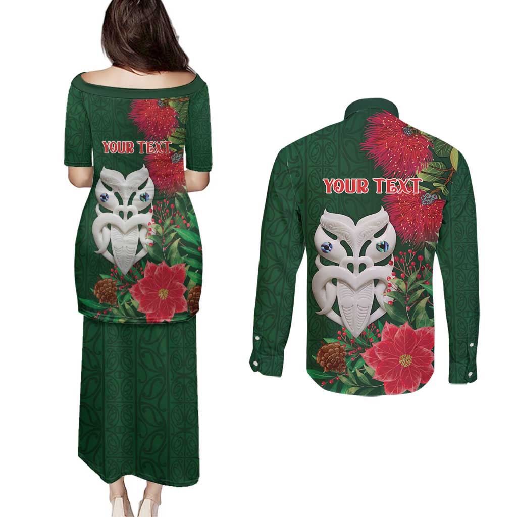 Maori Wheku Meri Kirihimete Personalised Couples Matching Puletasi and Long Sleeve Button Shirt All Green Indigenous Maori Motif LT9 - Polynesian Pride