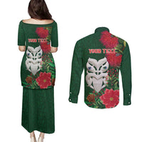 Maori Wheku Meri Kirihimete Personalised Couples Matching Puletasi and Long Sleeve Button Shirt All Green Indigenous Maori Motif LT9 - Polynesian Pride