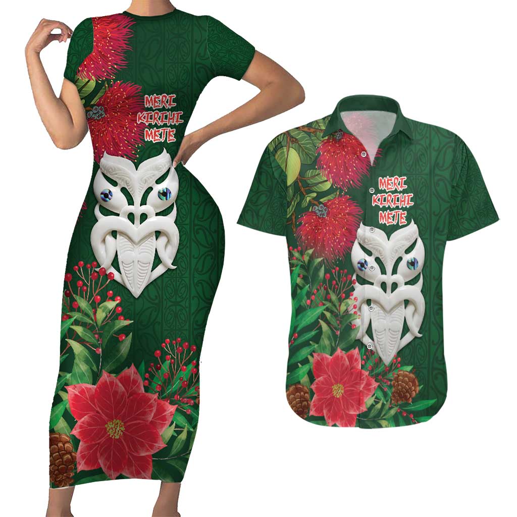 Maori Wheku Meri Kirihimete Personalised Couples Matching Short Sleeve Bodycon Dress and Hawaiian Shirt All Green Indigenous Maori Motif LT9 Green - Polynesian Pride