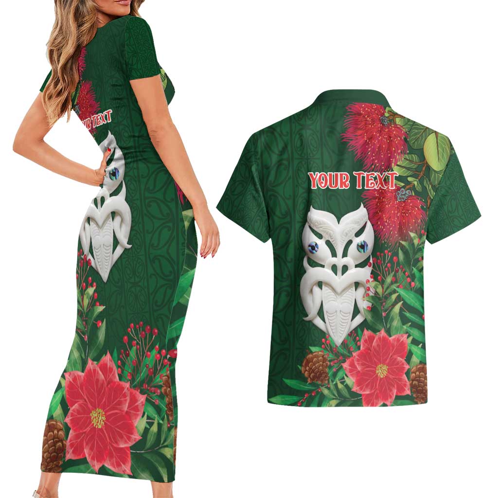 Maori Wheku Meri Kirihimete Personalised Couples Matching Short Sleeve Bodycon Dress and Hawaiian Shirt All Green Indigenous Maori Motif LT9 - Polynesian Pride
