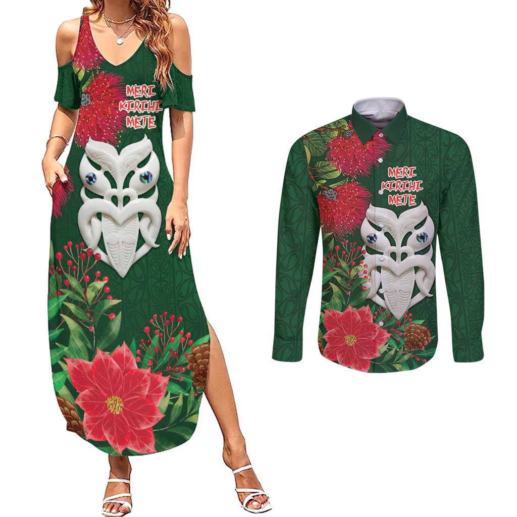 Maori Wheku Meri Kirihimete Personalised Couples Matching Summer Maxi Dress and Long Sleeve Button Shirt All Green Indigenous Maori Motif LT9 Green - Polynesian Pride