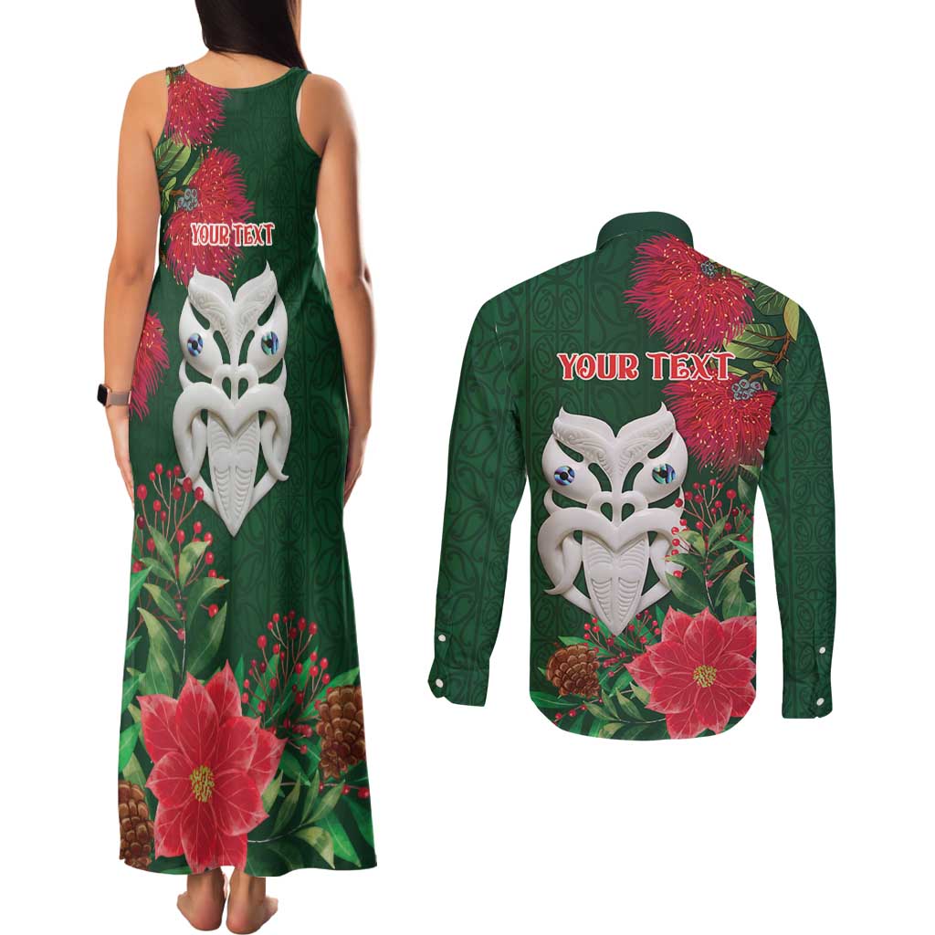 Maori Wheku Meri Kirihimete Personalised Couples Matching Tank Maxi Dress and Long Sleeve Button Shirt All Green Indigenous Maori Motif LT9 - Polynesian Pride
