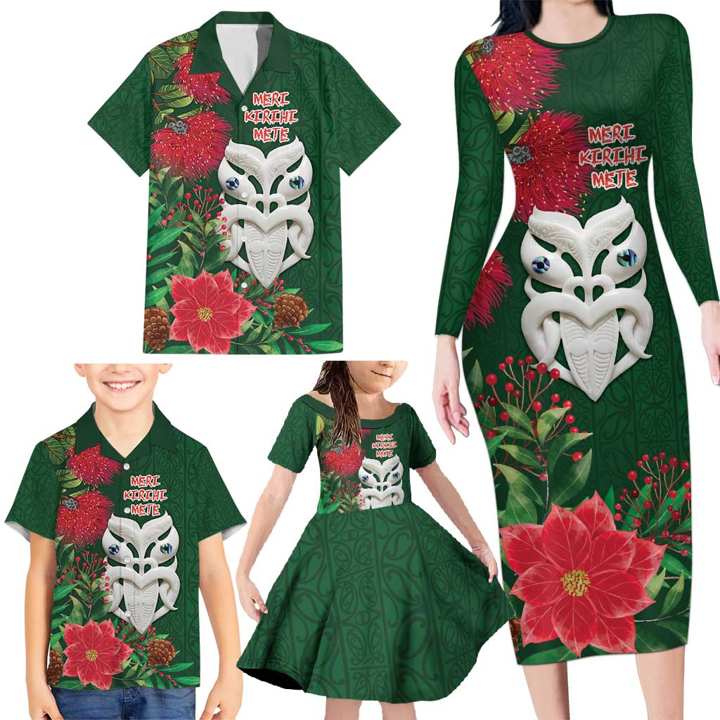 Maori Wheku Meri Kirihimete Personalised Family Matching Long Sleeve Bodycon Dress and Hawaiian Shirt All Green Indigenous Maori Motif - Polynesian Pride