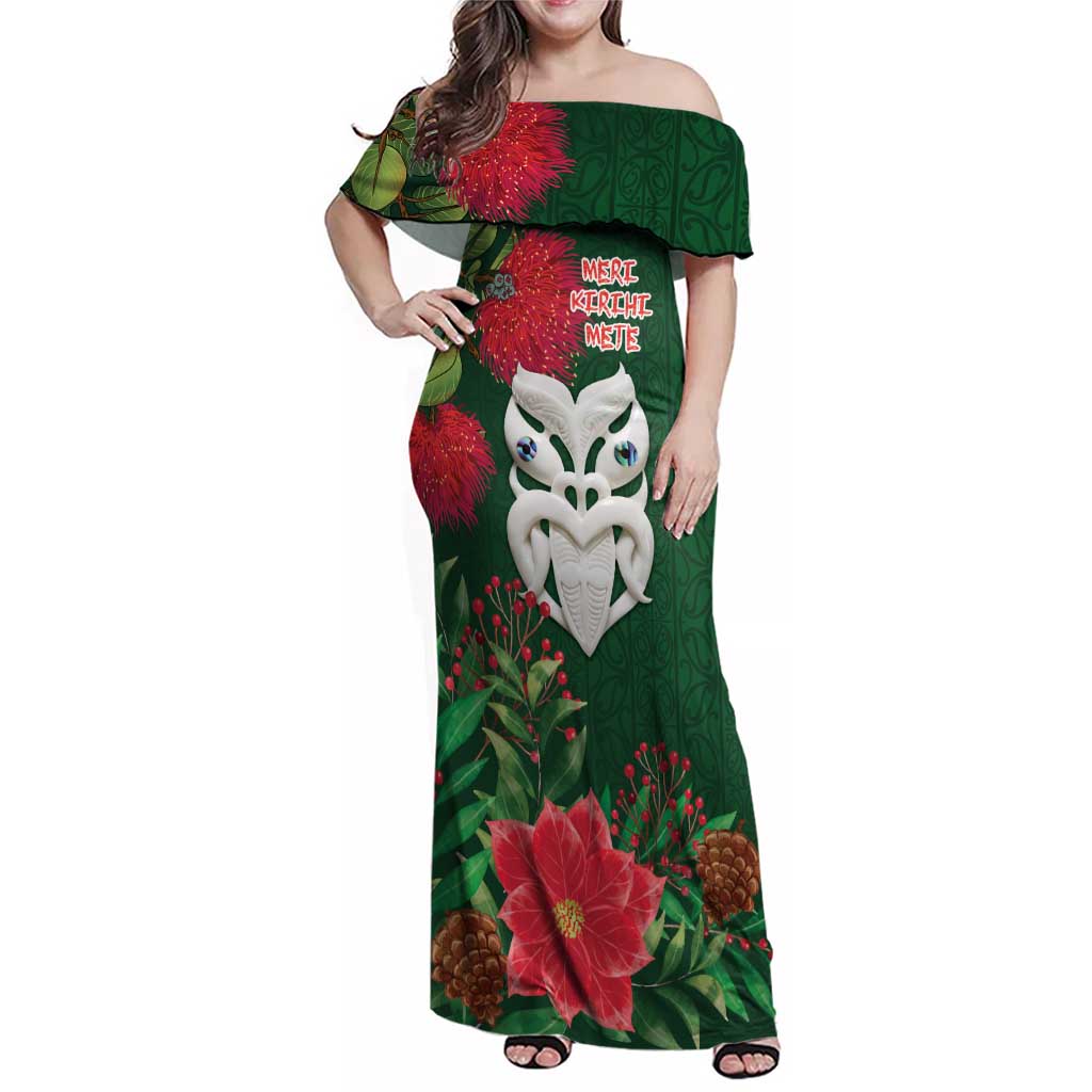 Maori Wheku Meri Kirihimete Personalised Family Matching Off Shoulder Maxi Dress and Hawaiian Shirt All Green Indigenous Maori Motif - Polynesian Pride