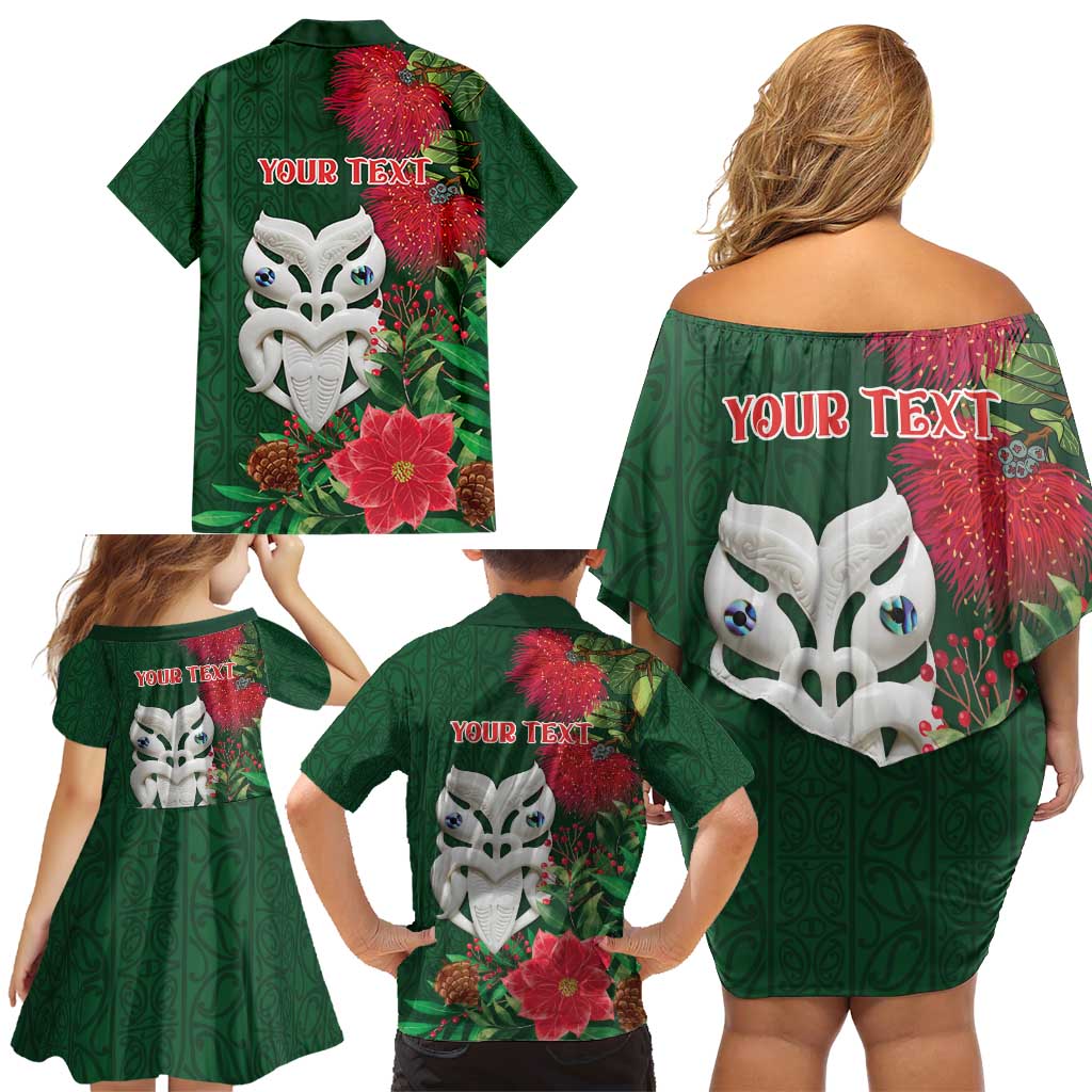 Maori Wheku Meri Kirihimete Personalised Family Matching Off Shoulder Short Dress and Hawaiian Shirt All Green Indigenous Maori Motif - Polynesian Pride