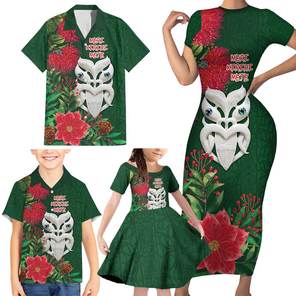 Maori Wheku Meri Kirihimete Personalised Family Matching Short Sleeve Bodycon Dress and Hawaiian Shirt All Green Indigenous Maori Motif - Polynesian Pride