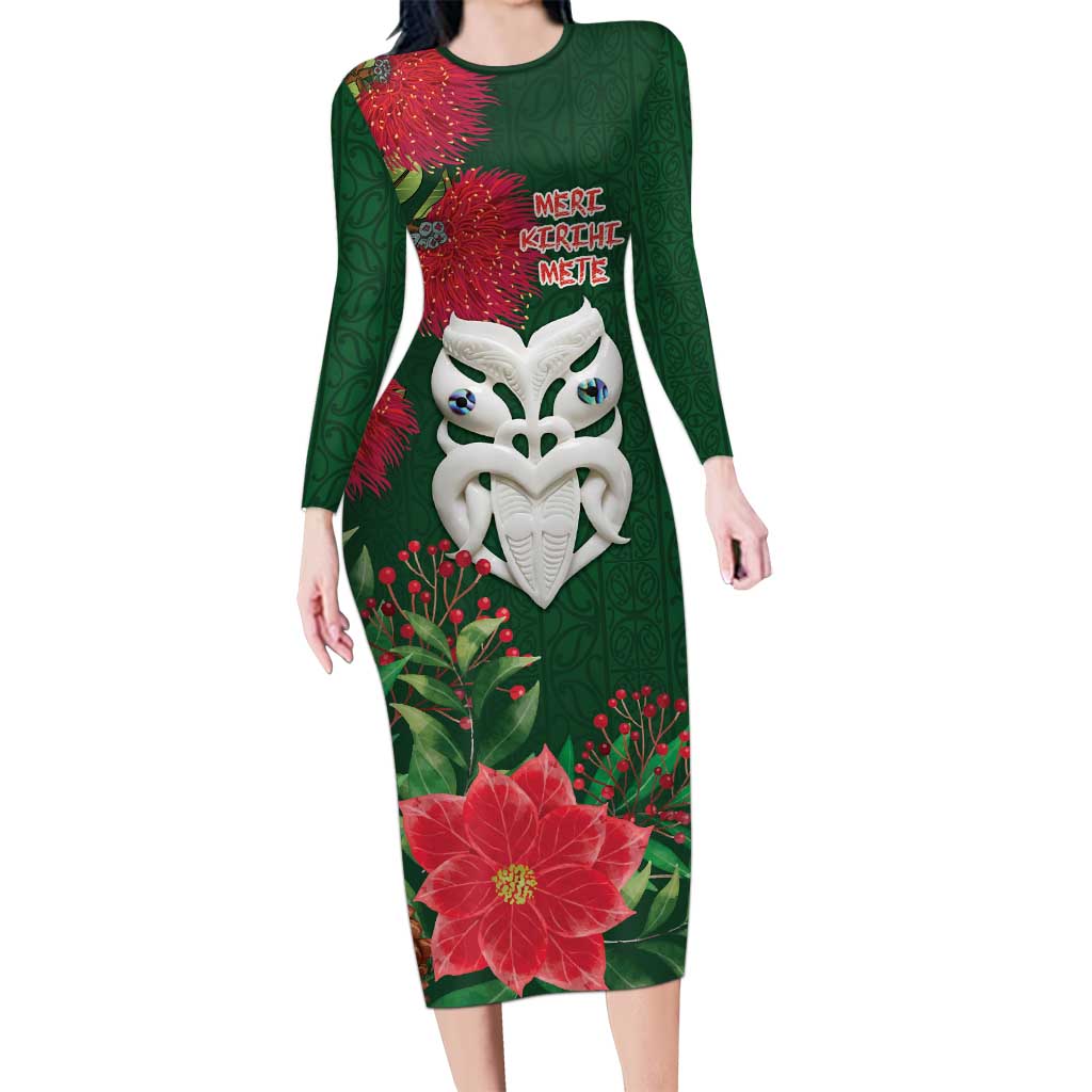 Maori Wheku Meri Kirihimete Personalised Long Sleeve Bodycon Dress All Green Indigenous Maori Motif - Polynesian Pride