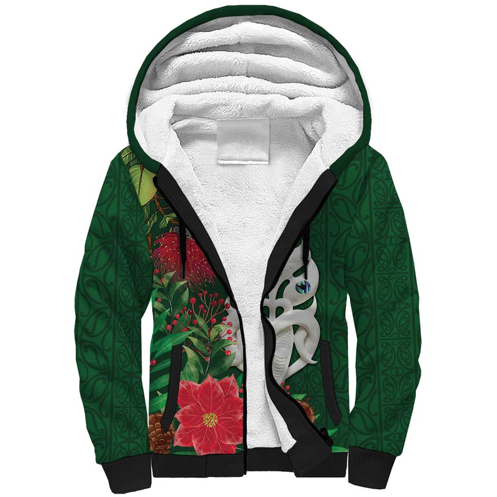 Maori Wheku Meri Kirihimete Personalised Sherpa Hoodie All Green Indigenous Maori Motif - Polynesian Pride