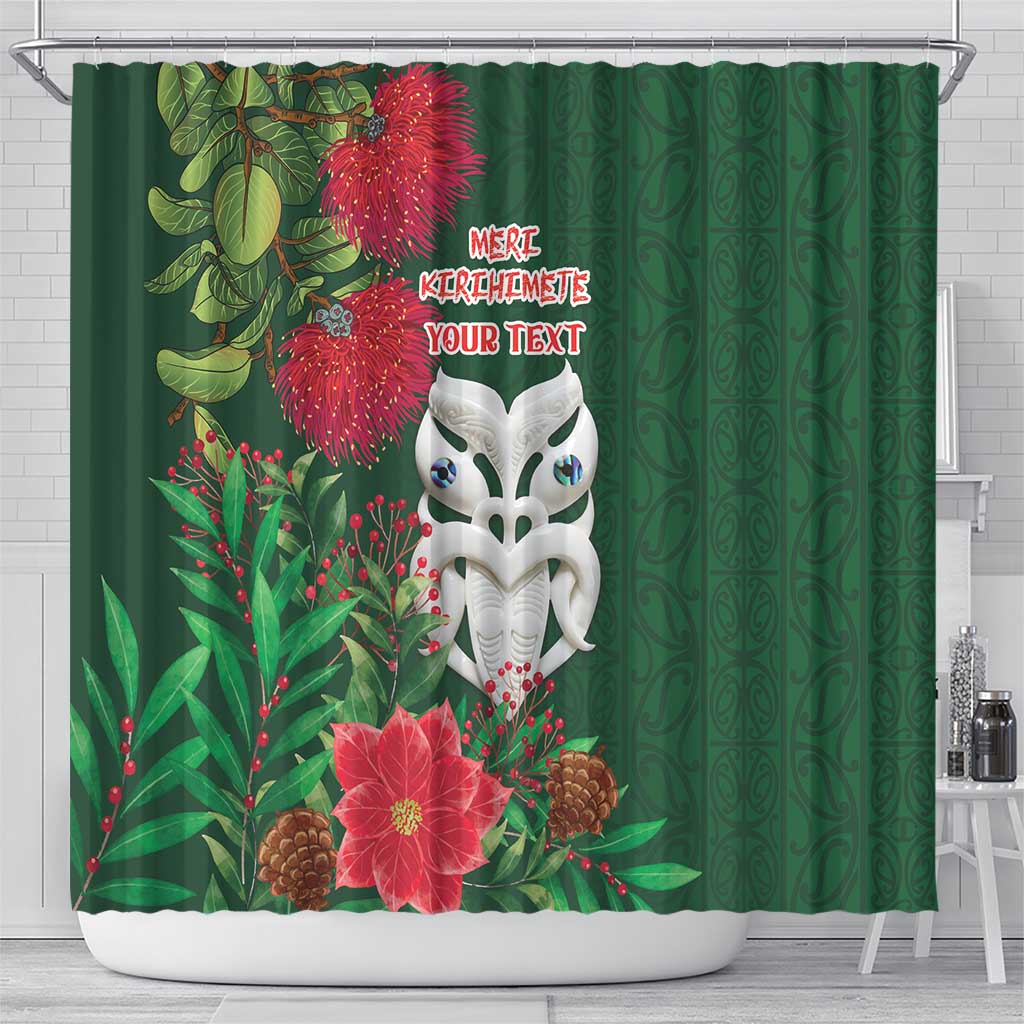 Maori Wheku Meri Kirihimete Personalised Shower Curtain All Green Indigenous Maori Motif - Polynesian Pride