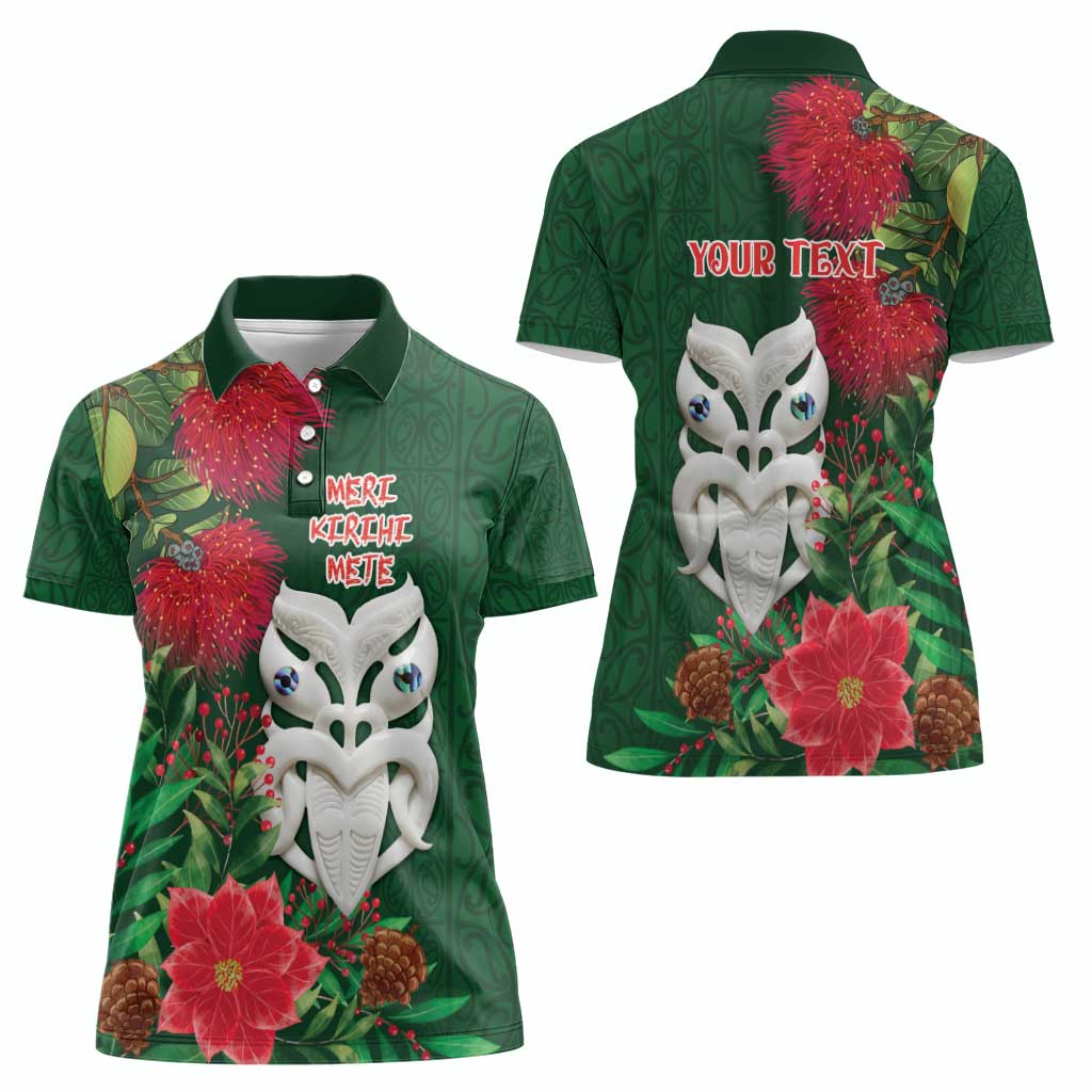 Maori Wheku Meri Kirihimete Personalised Women Polo Shirt All Green Indigenous Maori Motif LT9 - Polynesian Pride
