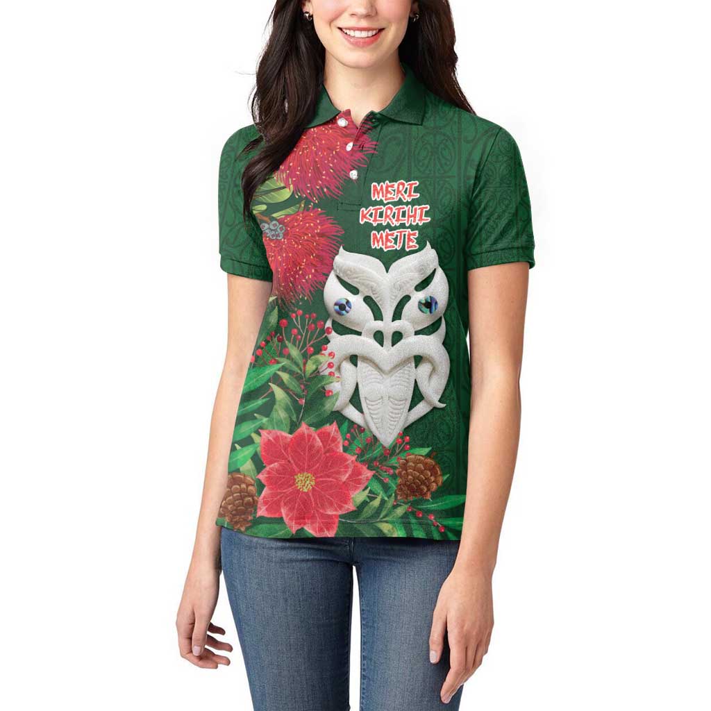 Maori Wheku Meri Kirihimete Personalised Women Polo Shirt All Green Indigenous Maori Motif LT9 - Polynesian Pride