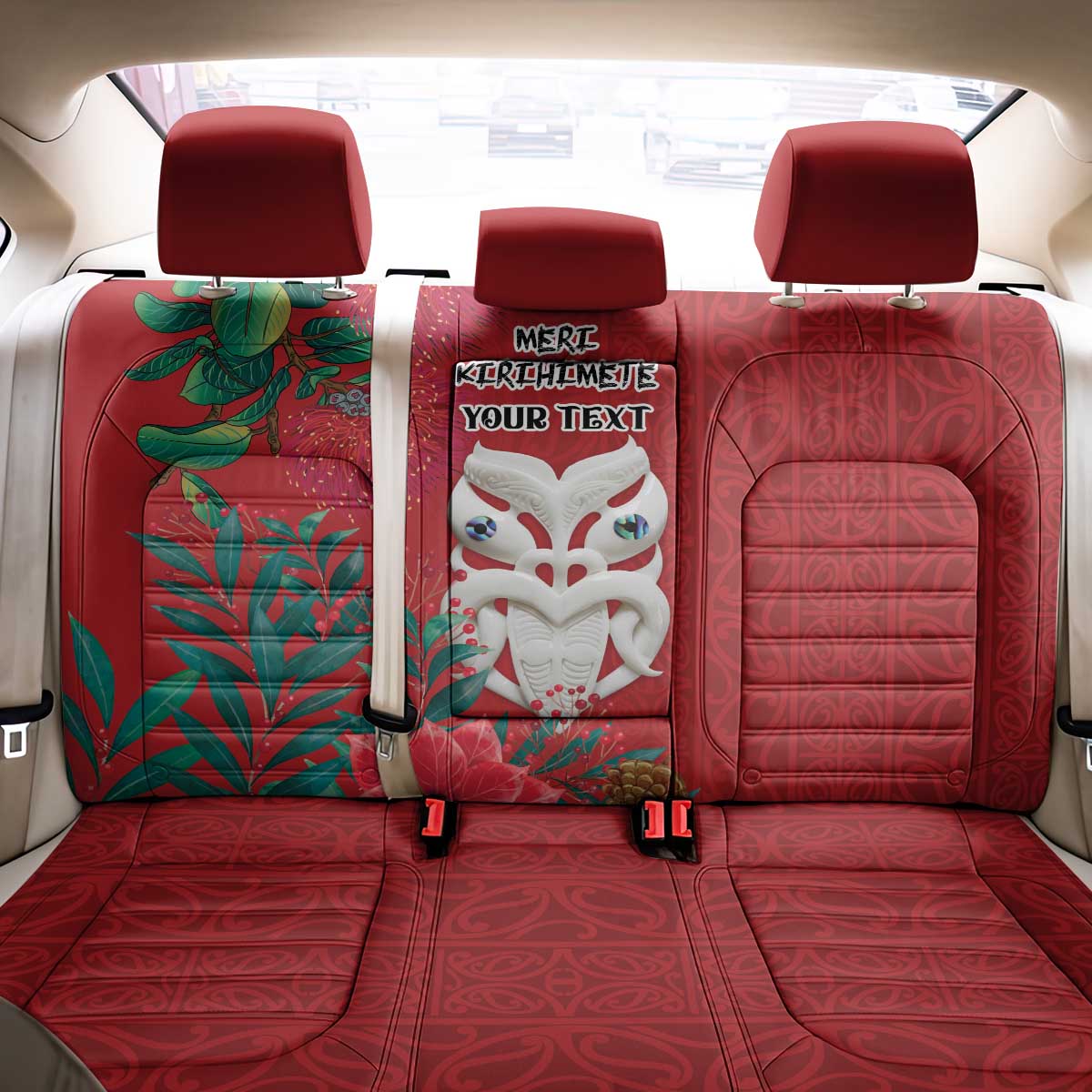 Maori Wheku Meri Kirihimete Personalised Back Car Seat Cover All Red Indigenous Maori Motif - Polynesian Pride