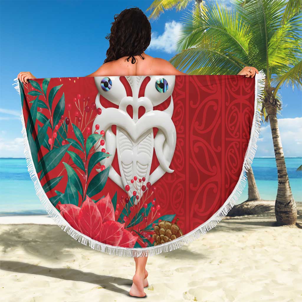 Maori Wheku Meri Kirihimete Personalised Beach Blanket All Red Indigenous Maori Motif - Polynesian Pride