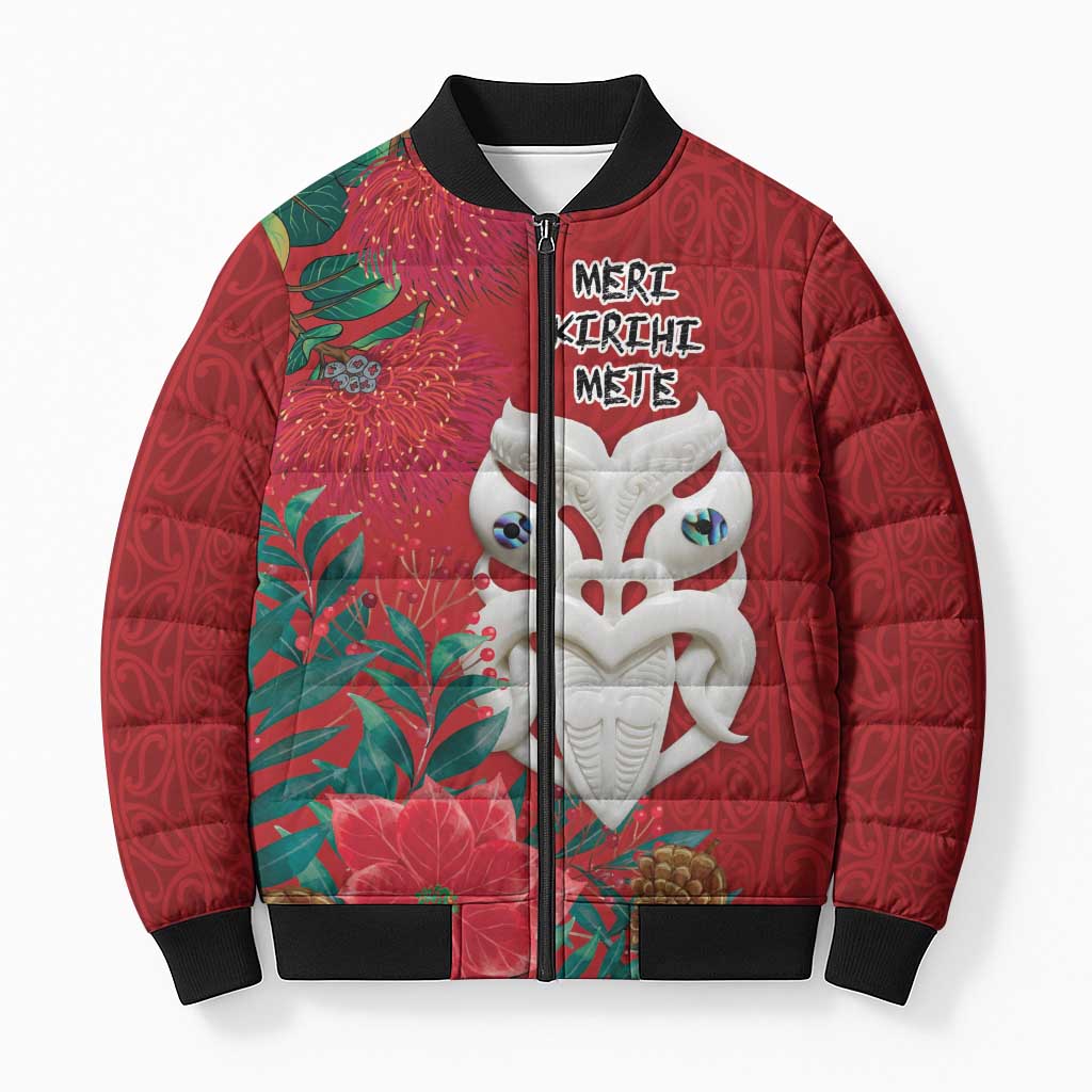Maori Wheku Meri Kirihimete Personalised Bomber Puffer Jacket All Red Indigenous Maori Motif - Polynesian Pride