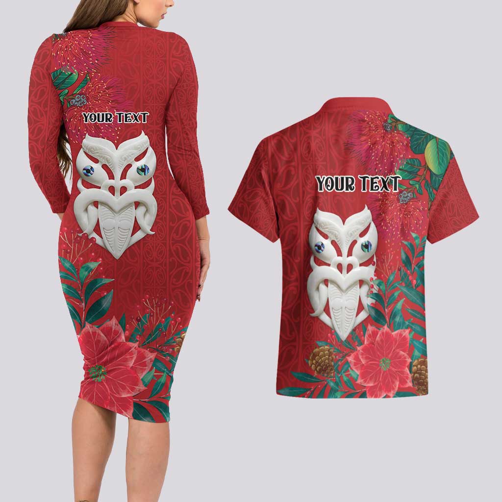 Maori Wheku Meri Kirihimete Personalised Couples Matching Long Sleeve Bodycon Dress and Hawaiian Shirt All Red Indigenous Maori Motif LT9 - Polynesian Pride