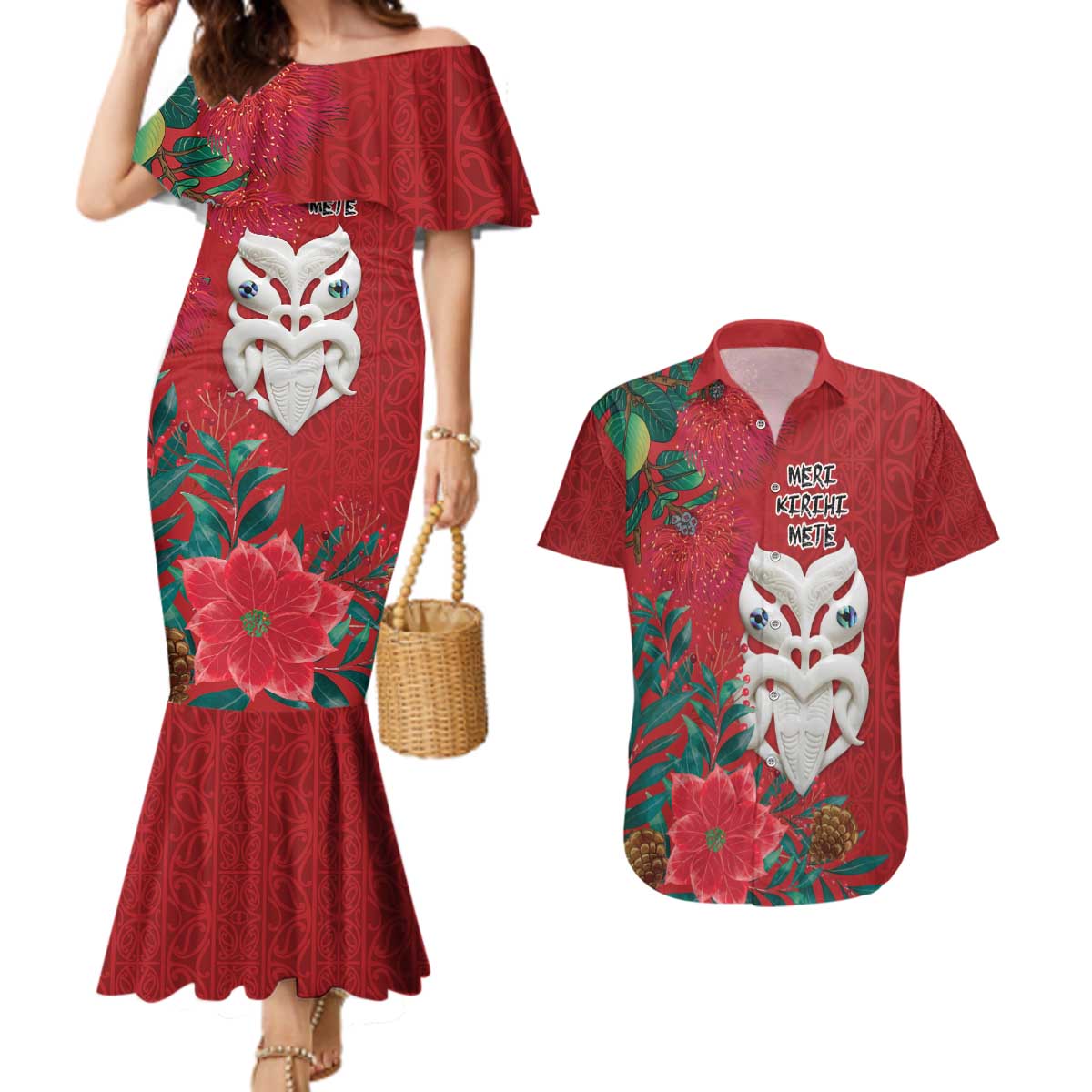Maori Wheku Meri Kirihimete Personalised Couples Matching Mermaid Dress and Hawaiian Shirt All Red Indigenous Maori Motif - Polynesian Pride