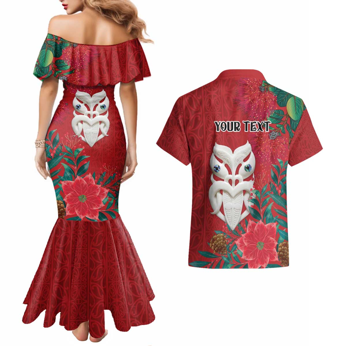 Maori Wheku Meri Kirihimete Personalised Couples Matching Mermaid Dress and Hawaiian Shirt All Red Indigenous Maori Motif LT9 - Polynesian Pride