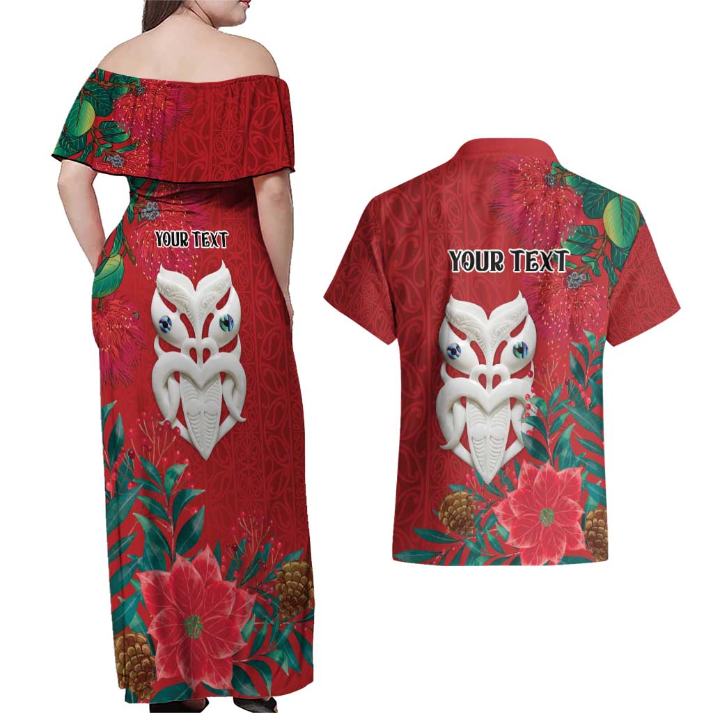 Maori Wheku Meri Kirihimete Personalised Couples Matching Off Shoulder Maxi Dress and Hawaiian Shirt All Red Indigenous Maori Motif LT9 - Polynesian Pride