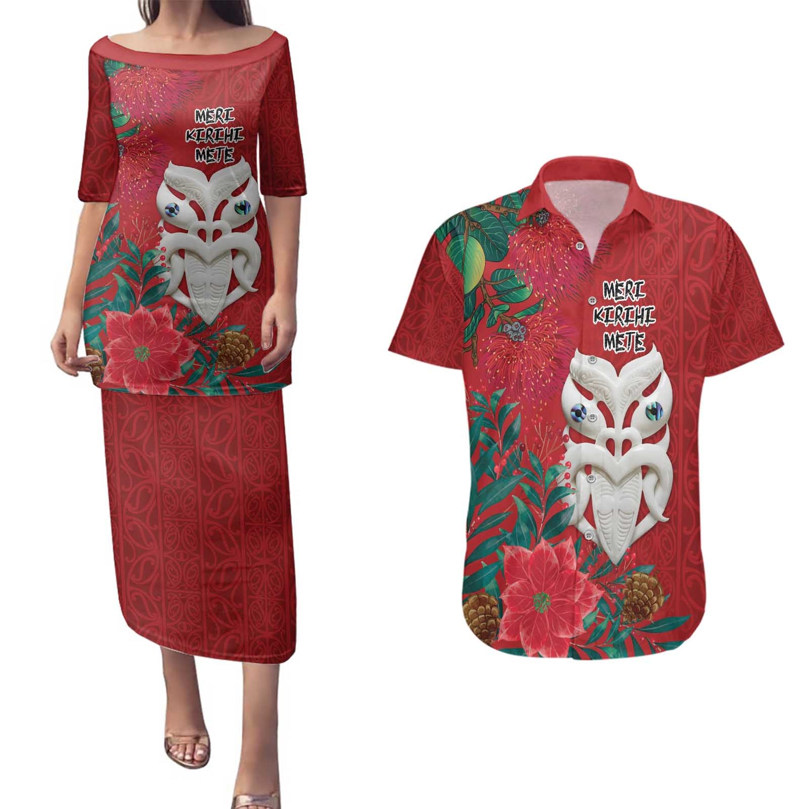 Maori Wheku Meri Kirihimete Personalised Couples Matching Puletasi and Hawaiian Shirt All Red Indigenous Maori Motif - Polynesian Pride