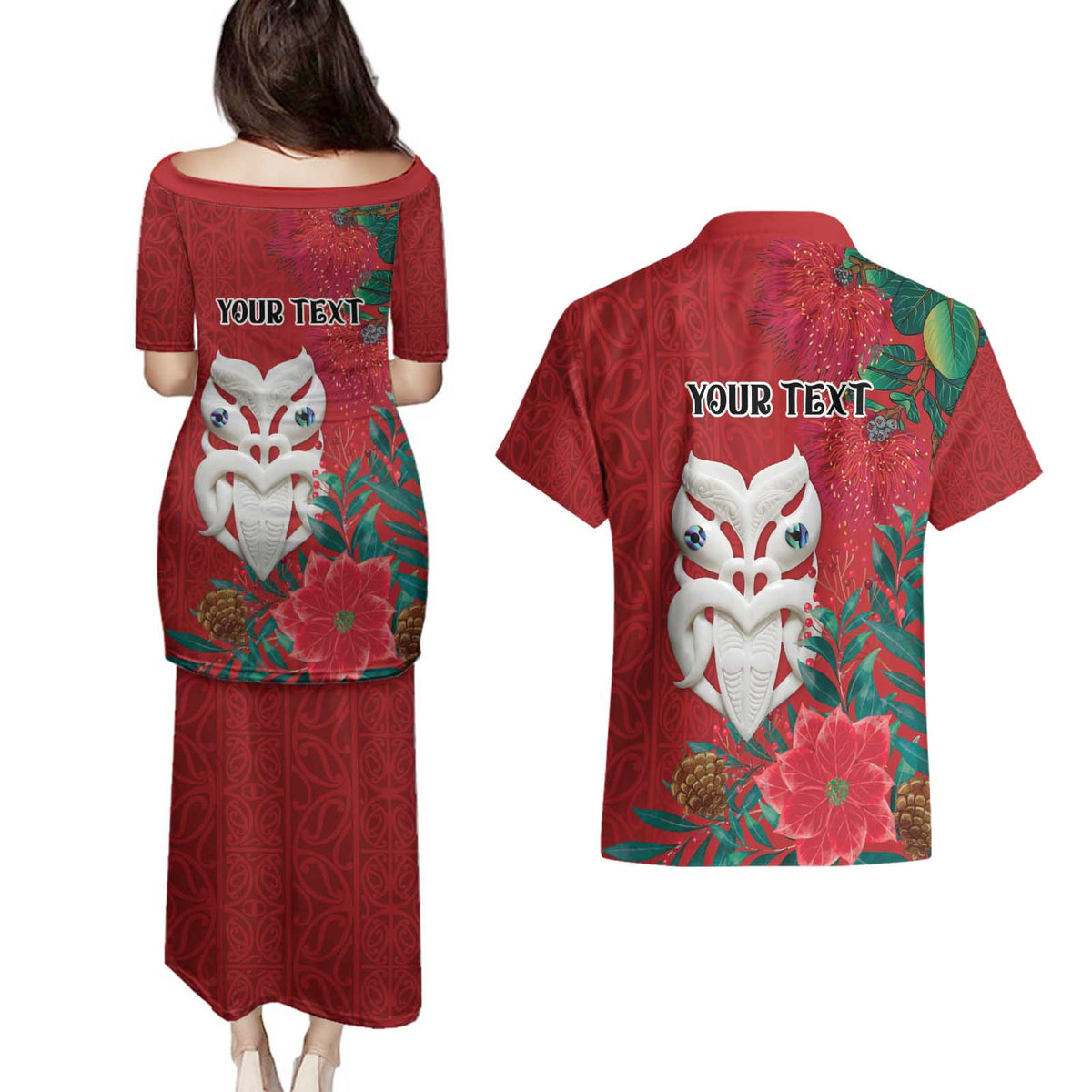 Maori Wheku Meri Kirihimete Personalised Couples Matching Puletasi and Hawaiian Shirt All Red Indigenous Maori Motif LT9 - Polynesian Pride