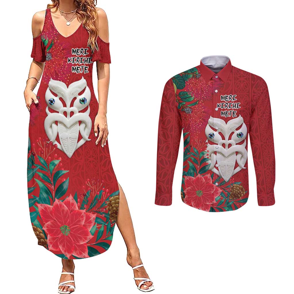 Maori Wheku Meri Kirihimete Personalised Couples Matching Summer Maxi Dress and Long Sleeve Button Shirt All Red Indigenous Maori Motif - Polynesian Pride