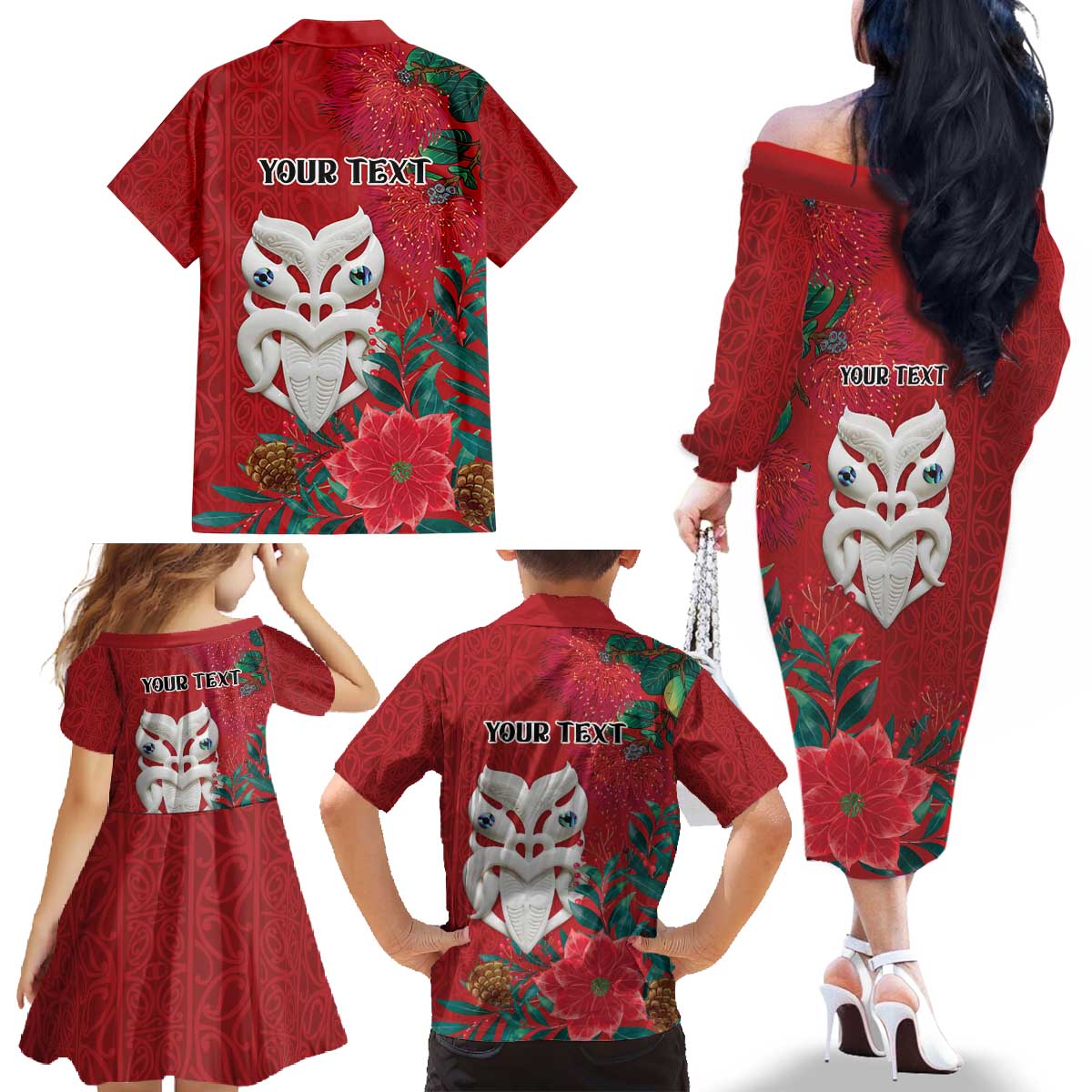 Maori Wheku Meri Kirihimete Personalised Family Matching Off The Shoulder Long Sleeve Dress and Hawaiian Shirt All Red Indigenous Maori Motif - Polynesian Pride