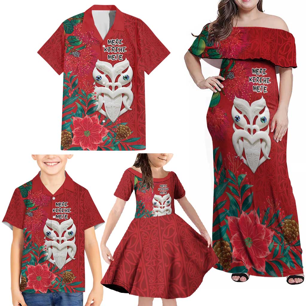 Maori Wheku Meri Kirihimete Personalised Family Matching Off Shoulder Maxi Dress and Hawaiian Shirt All Red Indigenous Maori Motif - Polynesian Pride