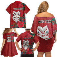 Maori Wheku Meri Kirihimete Personalised Family Matching Off Shoulder Short Dress and Hawaiian Shirt All Red Indigenous Maori Motif - Polynesian Pride