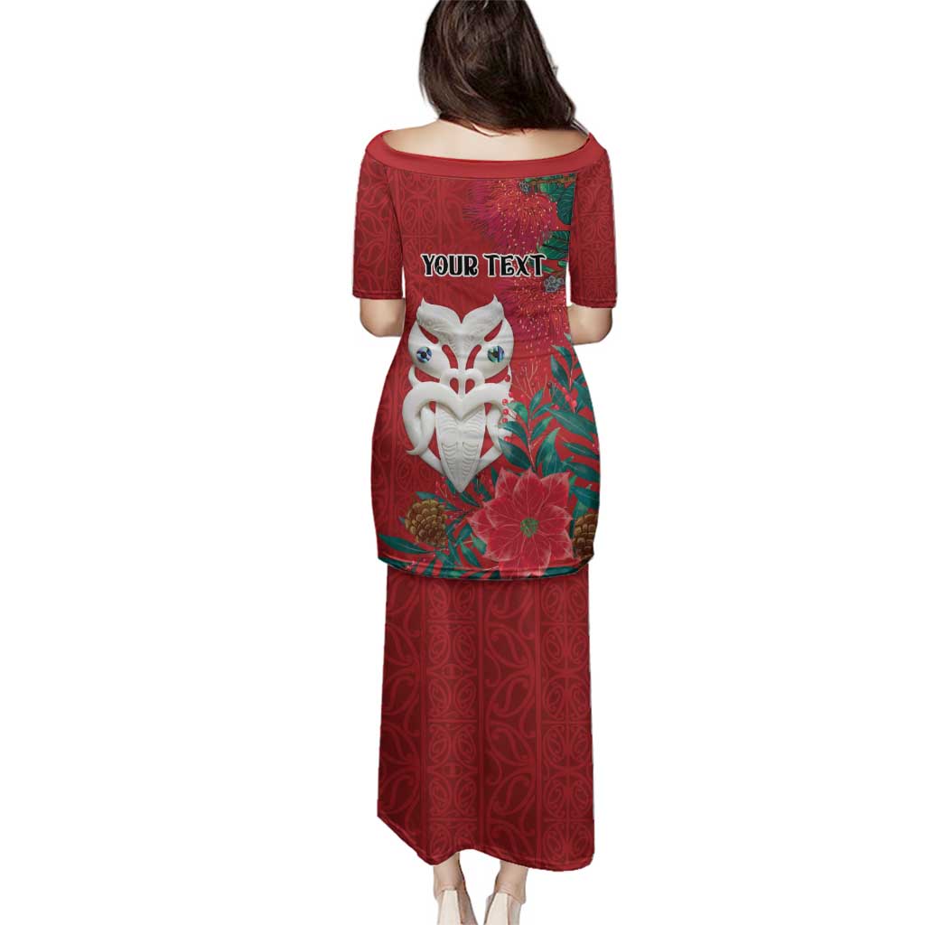 Maori Wheku Meri Kirihimete Personalised Family Matching Puletasi and Hawaiian Shirt All Red Indigenous Maori Motif - Polynesian Pride