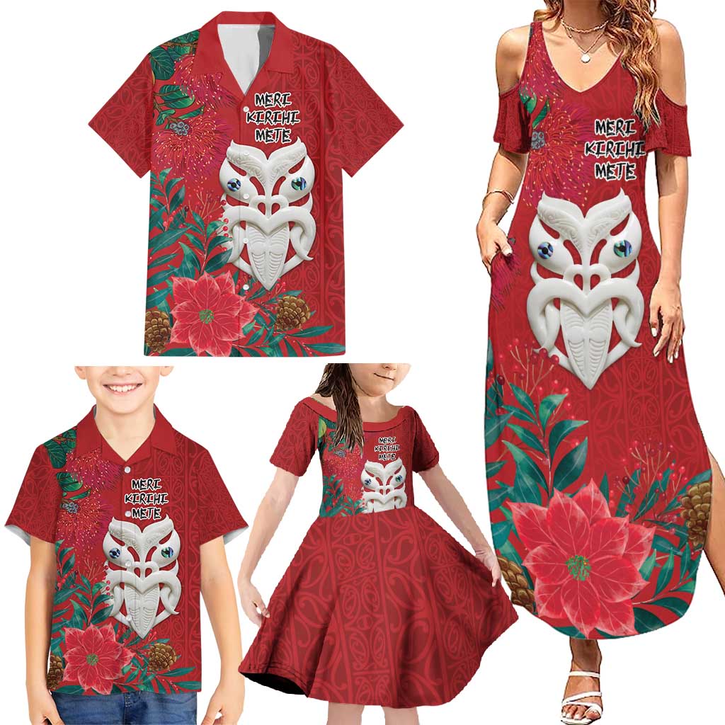 Maori Wheku Meri Kirihimete Personalised Family Matching Summer Maxi Dress and Hawaiian Shirt All Red Indigenous Maori Motif - Polynesian Pride