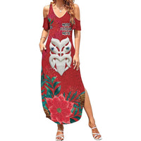 Maori Wheku Meri Kirihimete Personalised Family Matching Summer Maxi Dress and Hawaiian Shirt All Red Indigenous Maori Motif - Polynesian Pride