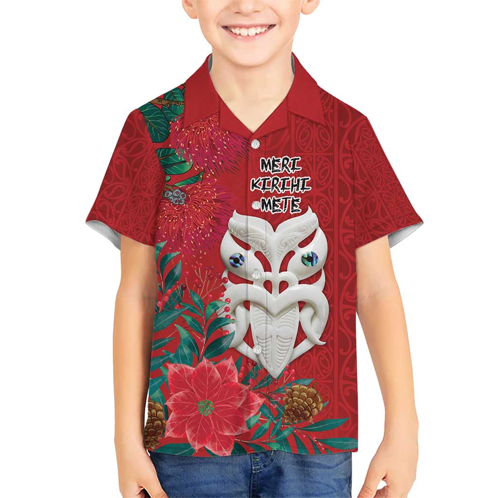 Maori Wheku Meri Kirihimete Personalised Kid Hawaiian Shirt All Red Indigenous Maori Motif - Polynesian Pride