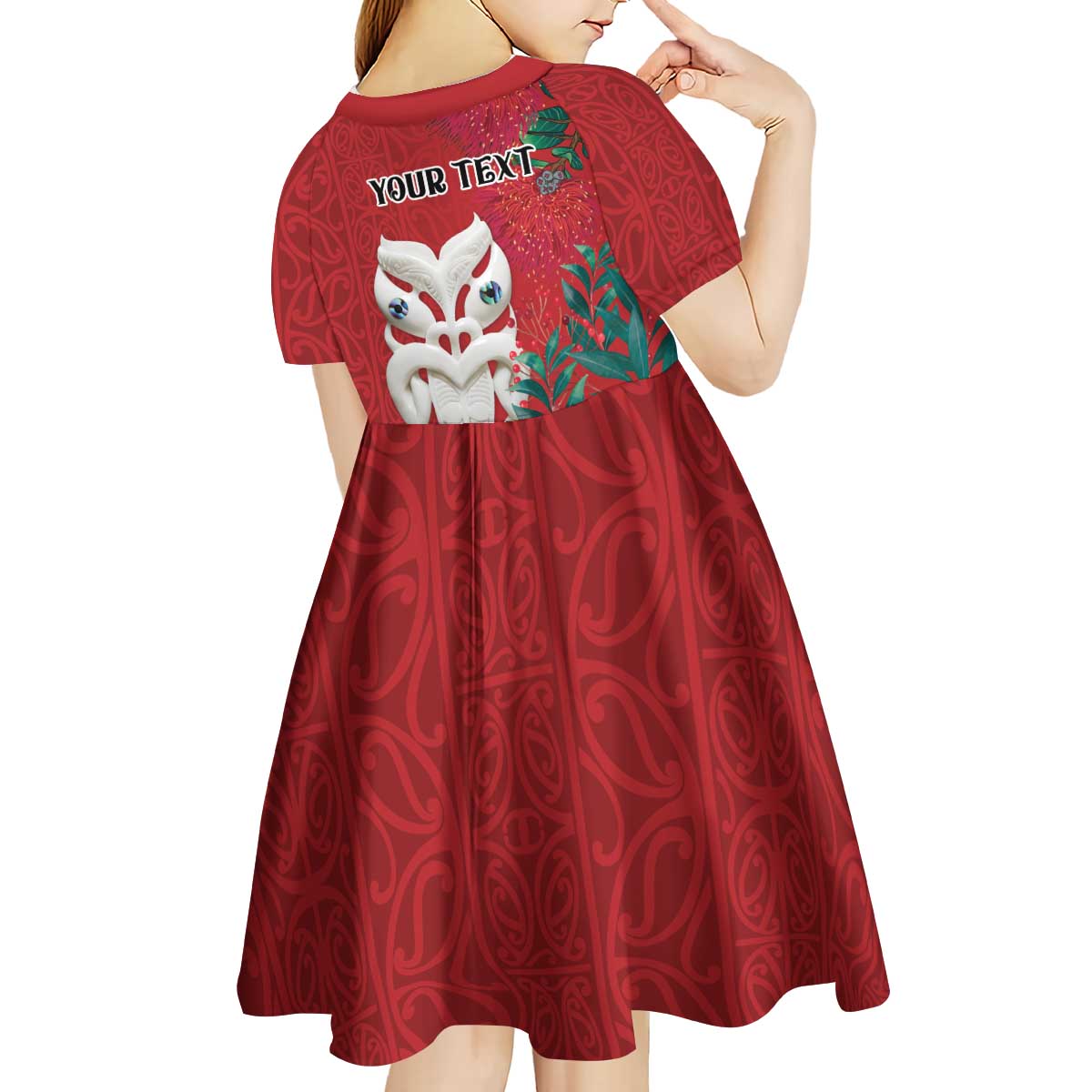 Maori Wheku Meri Kirihimete Personalised Kid Short Sleeve Dress All Red Indigenous Maori Motif - Polynesian Pride