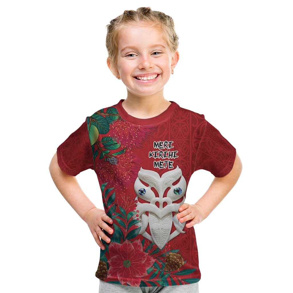 Maori Wheku Meri Kirihimete Personalised Kid T Shirt All Red Indigenous Maori Motif - Polynesian Pride