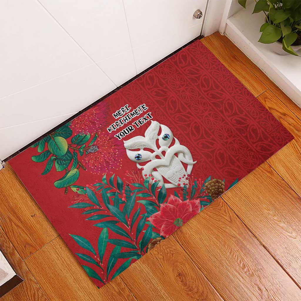Maori Wheku Meri Kirihimete Personalised Rubber Doormat All Red Indigenous Maori Motif - Polynesian Pride