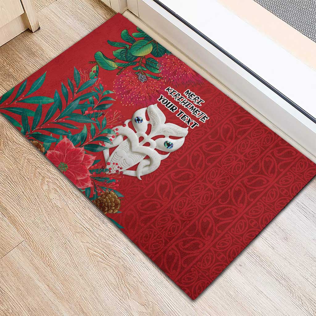 Maori Wheku Meri Kirihimete Personalised Rubber Doormat All Red Indigenous Maori Motif - Polynesian Pride
