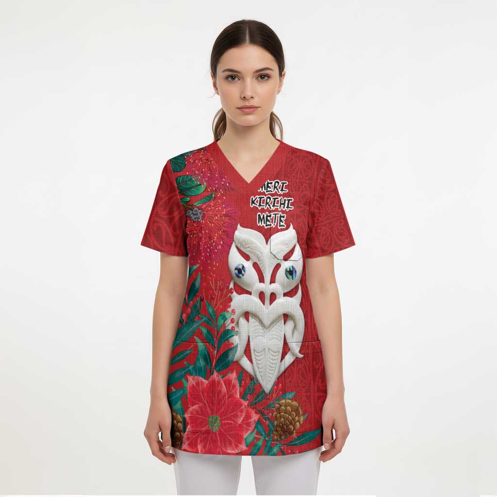 Maori Wheku Meri Kirihimete Personalised Scrub Top All Red Indigenous Maori Motif - Polynesian Pride