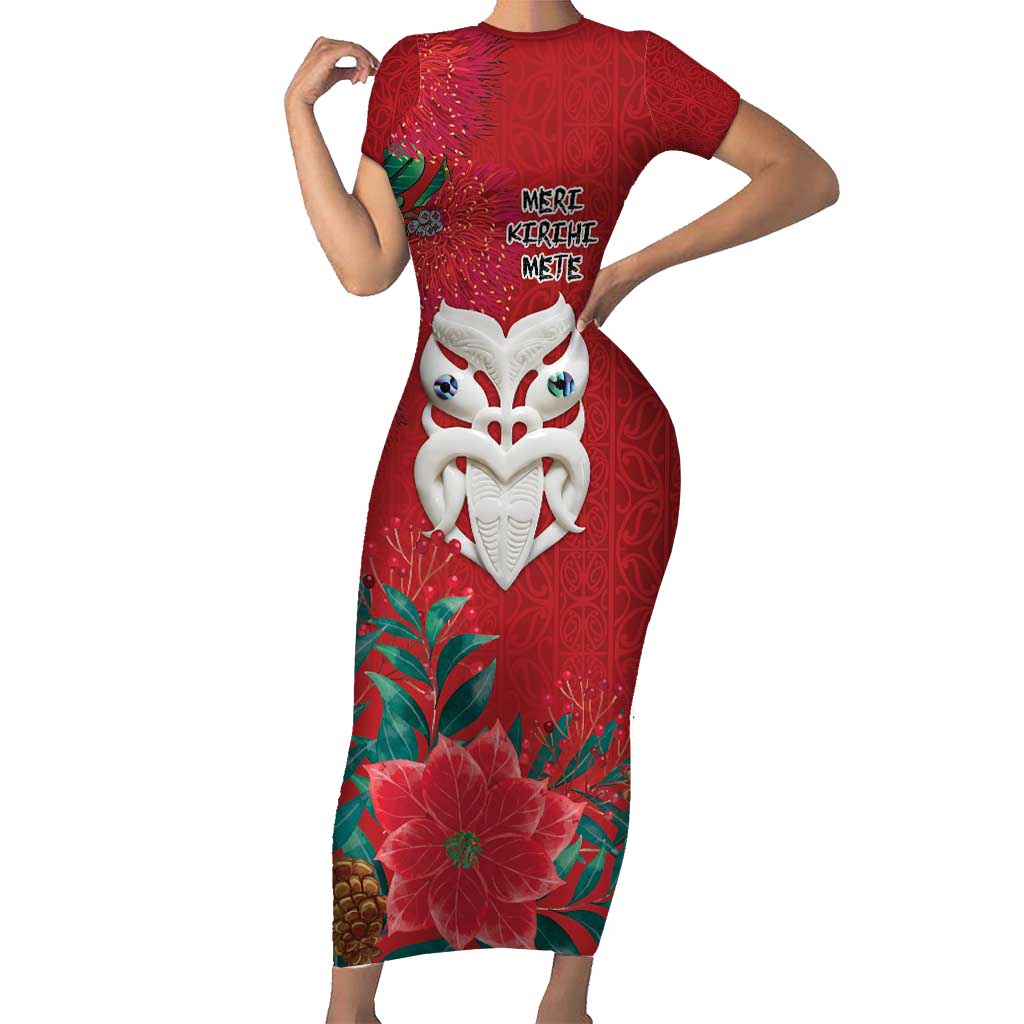 Maori Wheku Meri Kirihimete Personalised Short Sleeve Bodycon Dress All Red Indigenous Maori Motif - Polynesian Pride